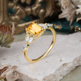 1 Carat 4 Prong Emerald Cut Citrine Ring Marquise Side Stone Engagement Ring